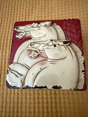 Cream and Red Horse Relief Sculpture Plaque